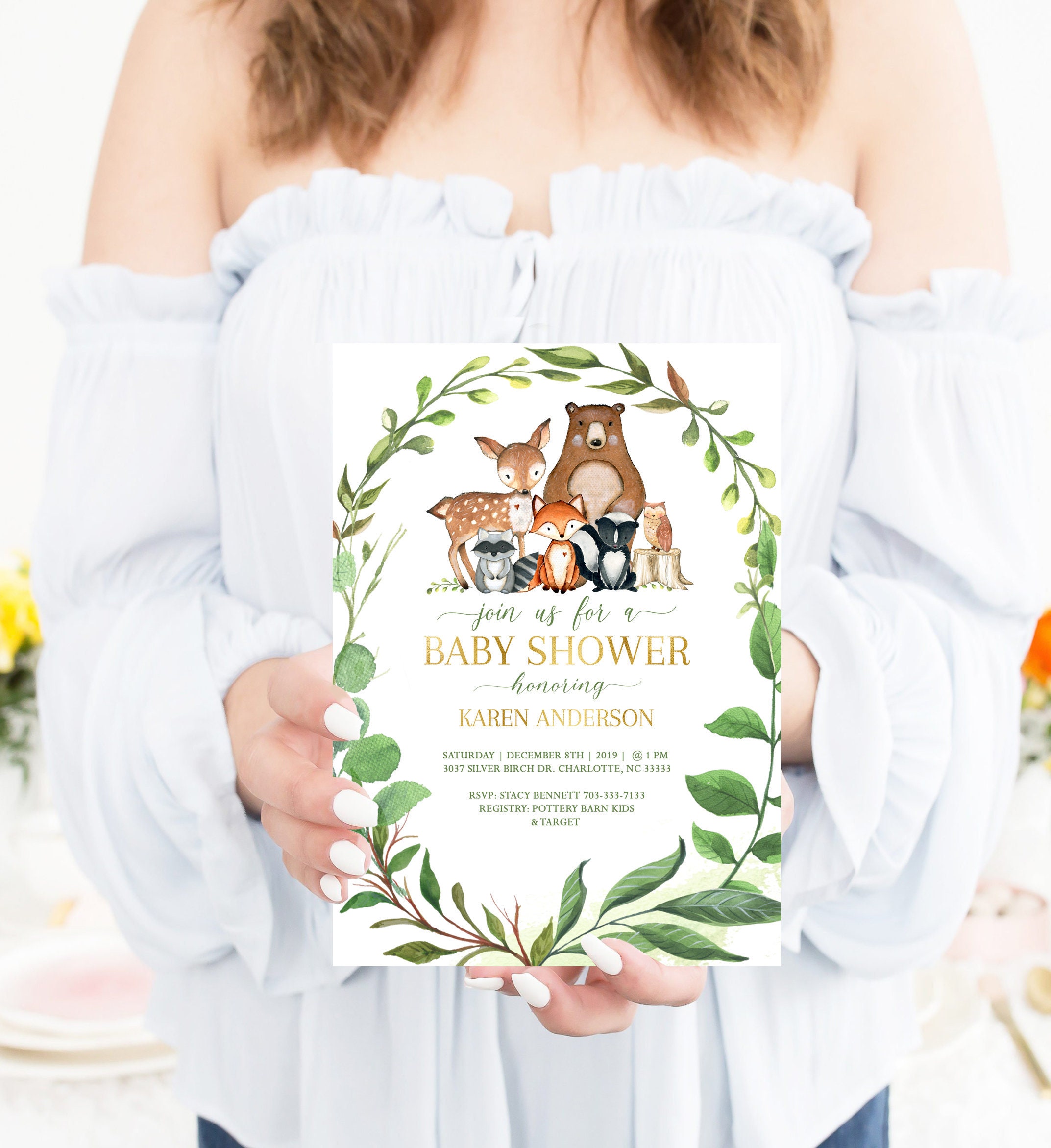 Woodland Baby Shower Invitation Deer, Woodland Invitation, Forest Animal Deer , Greenery Baby Shower Invite