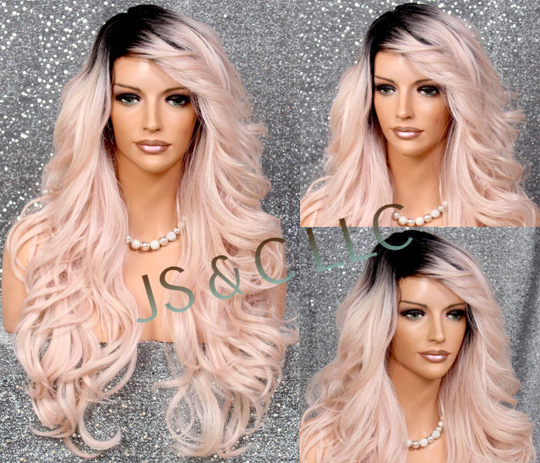 Absolutely Stunning Human Hair Blend Pink With Dark Roots Goddess Full Wig Big Loose Beachy Waves & Full Bangs Layers Of Hair To Play With