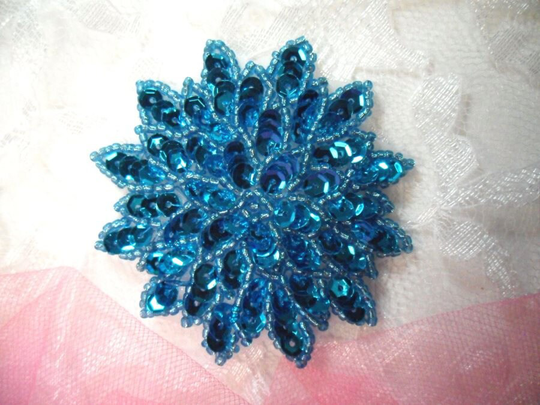 Turquoise Sequin Applique Floral Beaded Iron On Patch 3" | xr364-Tr