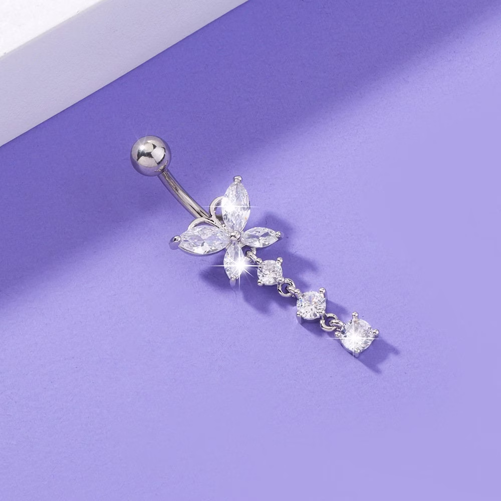14G Surgical Steel Cystal Butterfly Belly Rings/ Zircon Dangle Navel Ring/ Piercing/ Button Bar/ Cz Jewelry