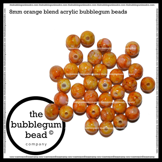 8mm-Orange Mustard Blend Watercolor Beads, Small Round Gumball Supplies, Bubblegum The Bead Co