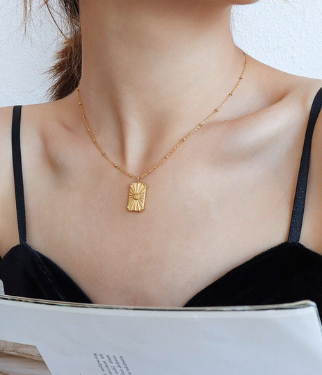 18K Gold Necklace, Filled Square Dainty Pendant Necklace, Floral Rame Bar Shine Necklace, Gift For Her