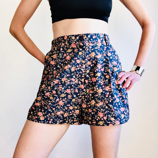 80S Vtg Blue Linen Cotton Blend Floral Cottagecore Shorts Size Small