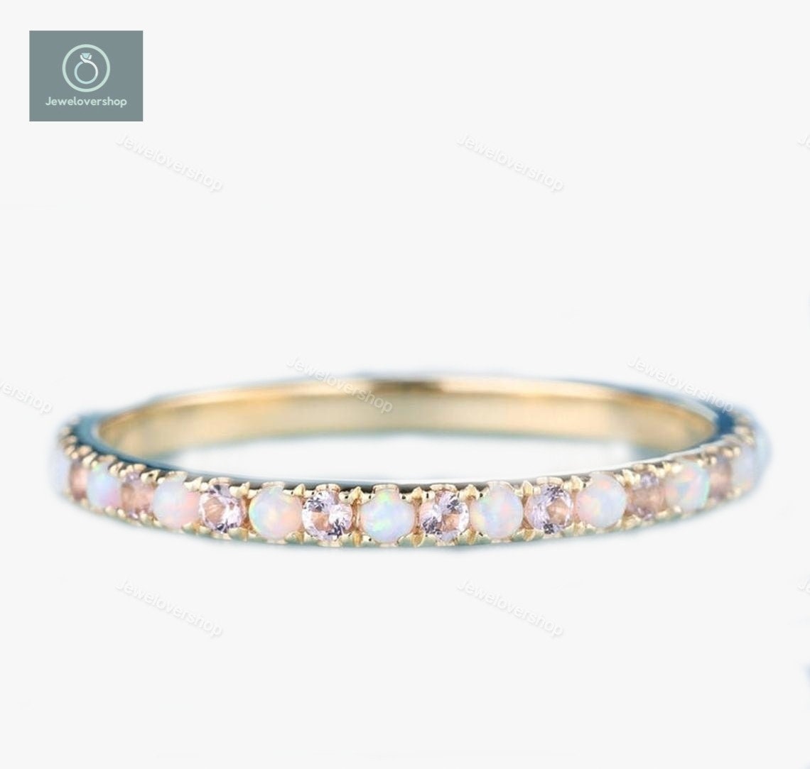 Opal & Morganite Ring, Yellow Gold Wedding October Birthstone Band, Engagement Matching Womens Gift