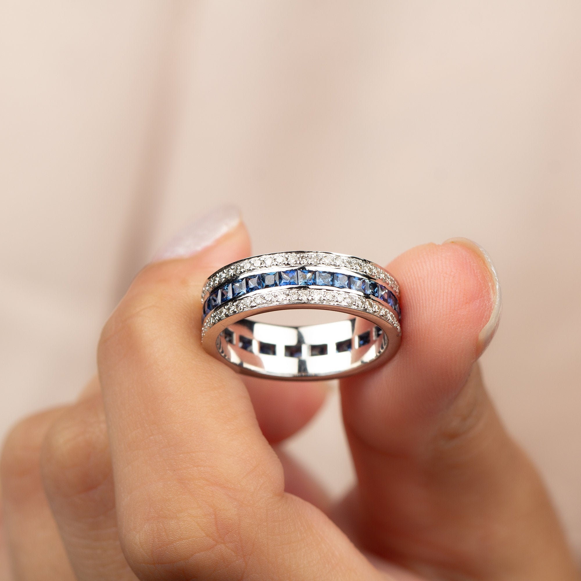 2.5 Ct Blue Sapphire & Diamond Ring, Thick Wedding Band, Princess Cut Accent Ring