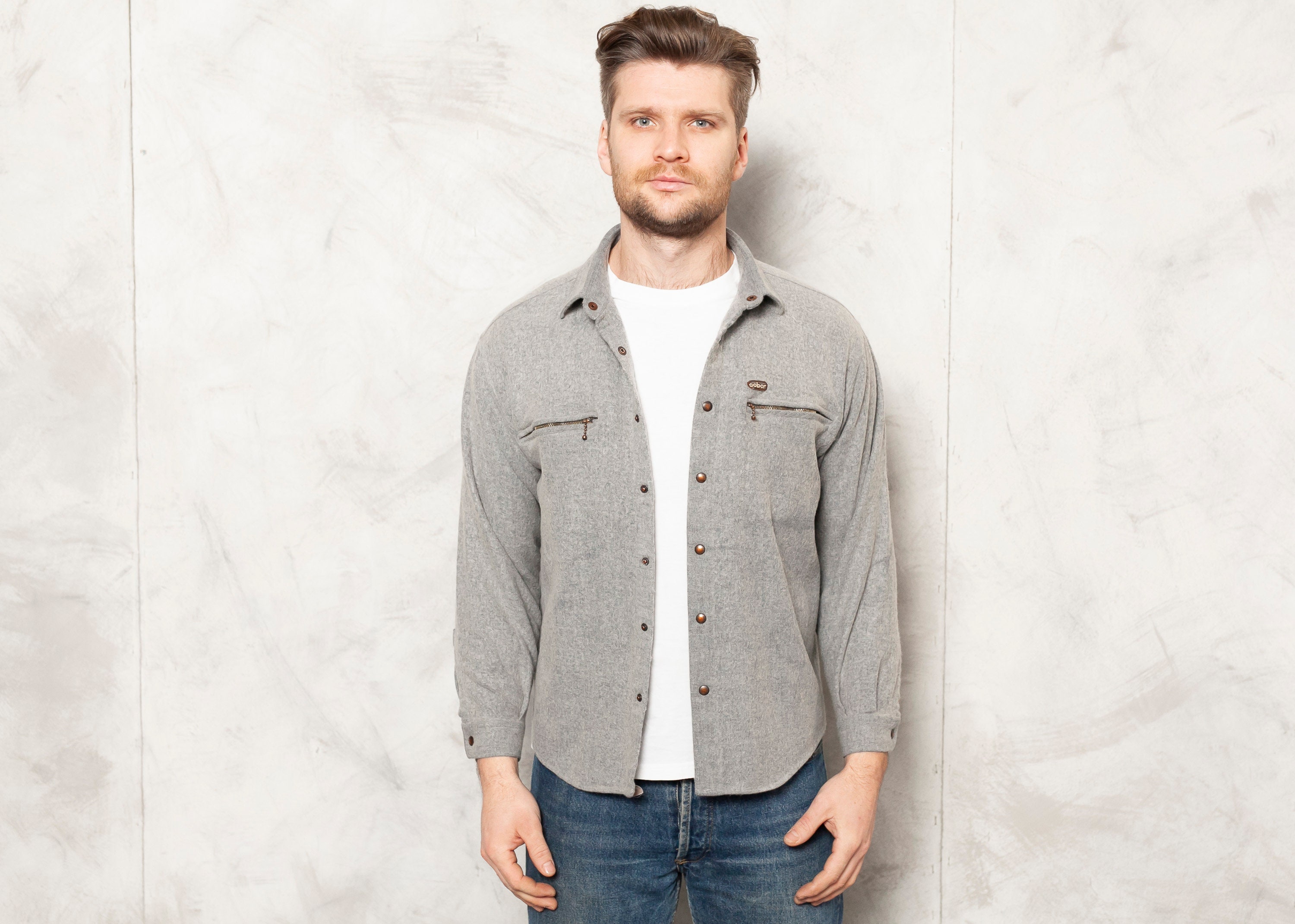 Grey Wool Blend Shirt Vintage Men's 1980S Casual Long Sleeve Men Button Down Cotton Plain Size Small