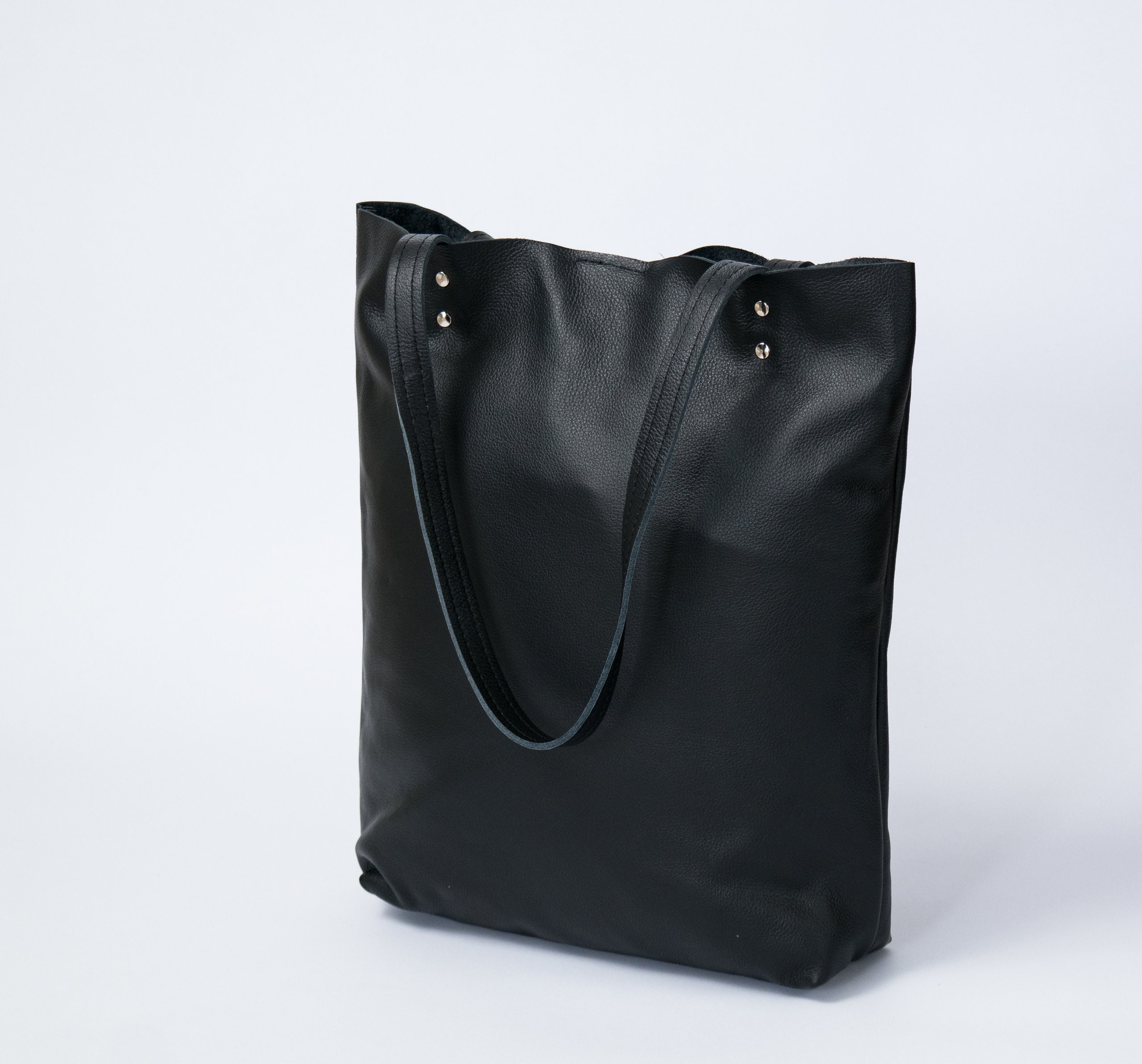 Leather Tote Bag - Black Leather Purse Natural Book Womens Tote Bag Handbag Simple Shoulder Qb