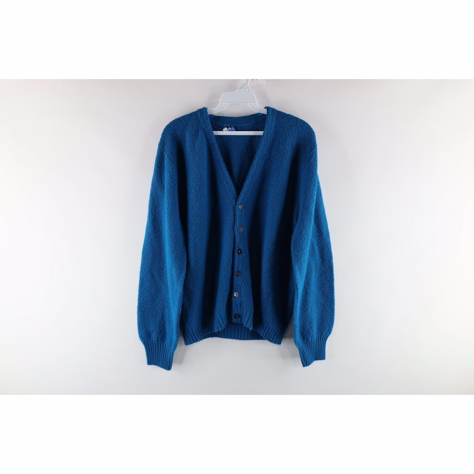 60S Rockabilly Mens Medium Wool Blend Knit Cardigan Sweater Royal Blue Usa, Blend Sweater