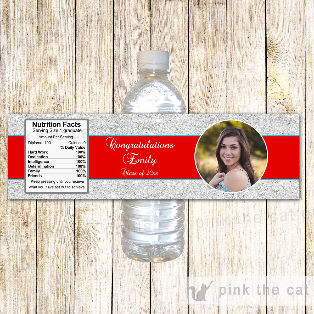 Silver Glitter Graduation Bottle Label Red Wrapper - Printable With Photo Girl