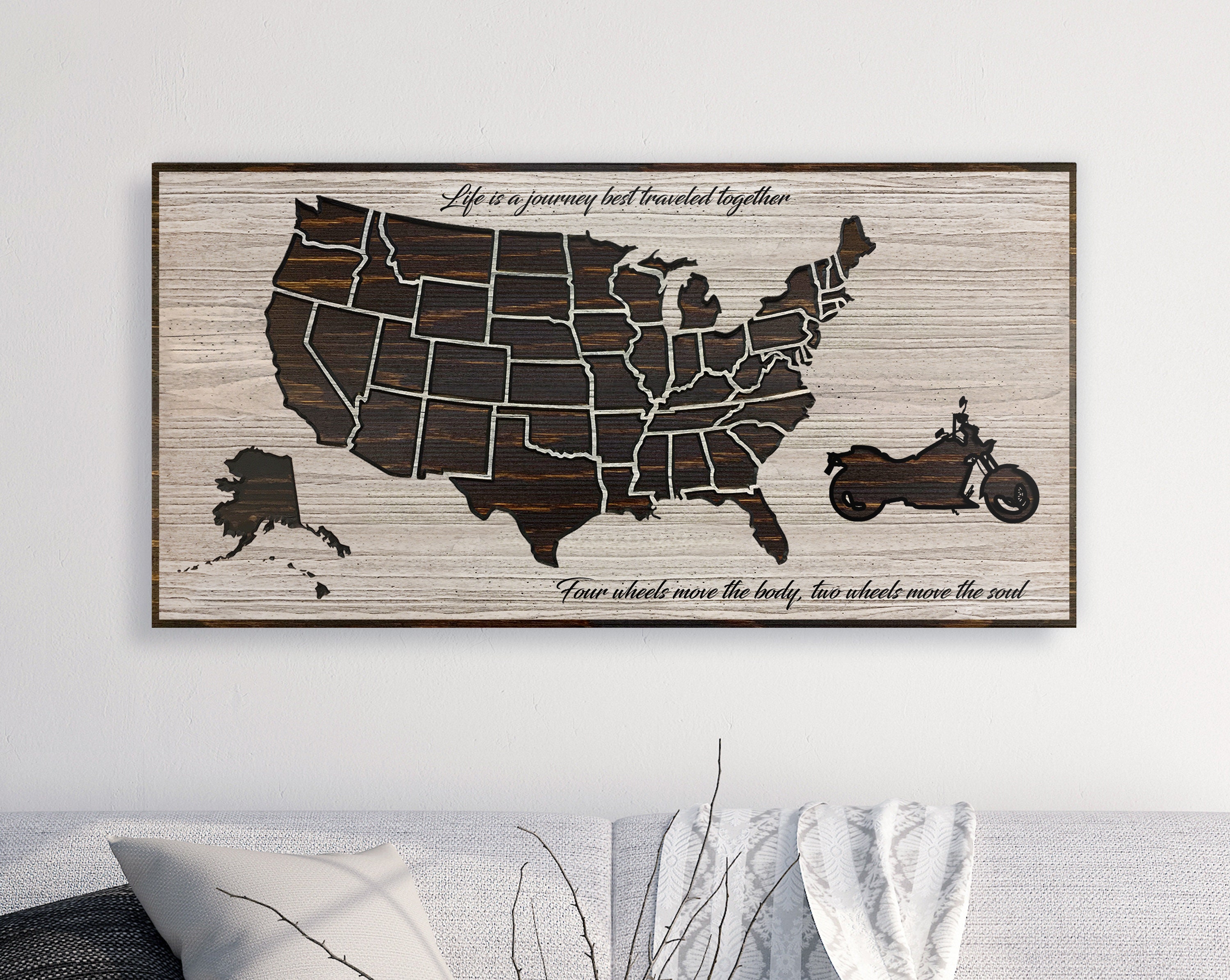 Motorcycle Road Trip Map, Push Pin Us Map To Track Travels, Bikers, Biking Harley Davidson, Wall Decor, Anniversary Gift
