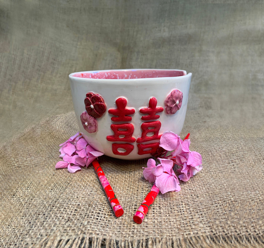 Ceramic Ramen Bowl With Bamboo Chopsticks, Handmade Pottery Noodle Bowl, Double Happiness, Personalized Wedding Gift For Her Bride