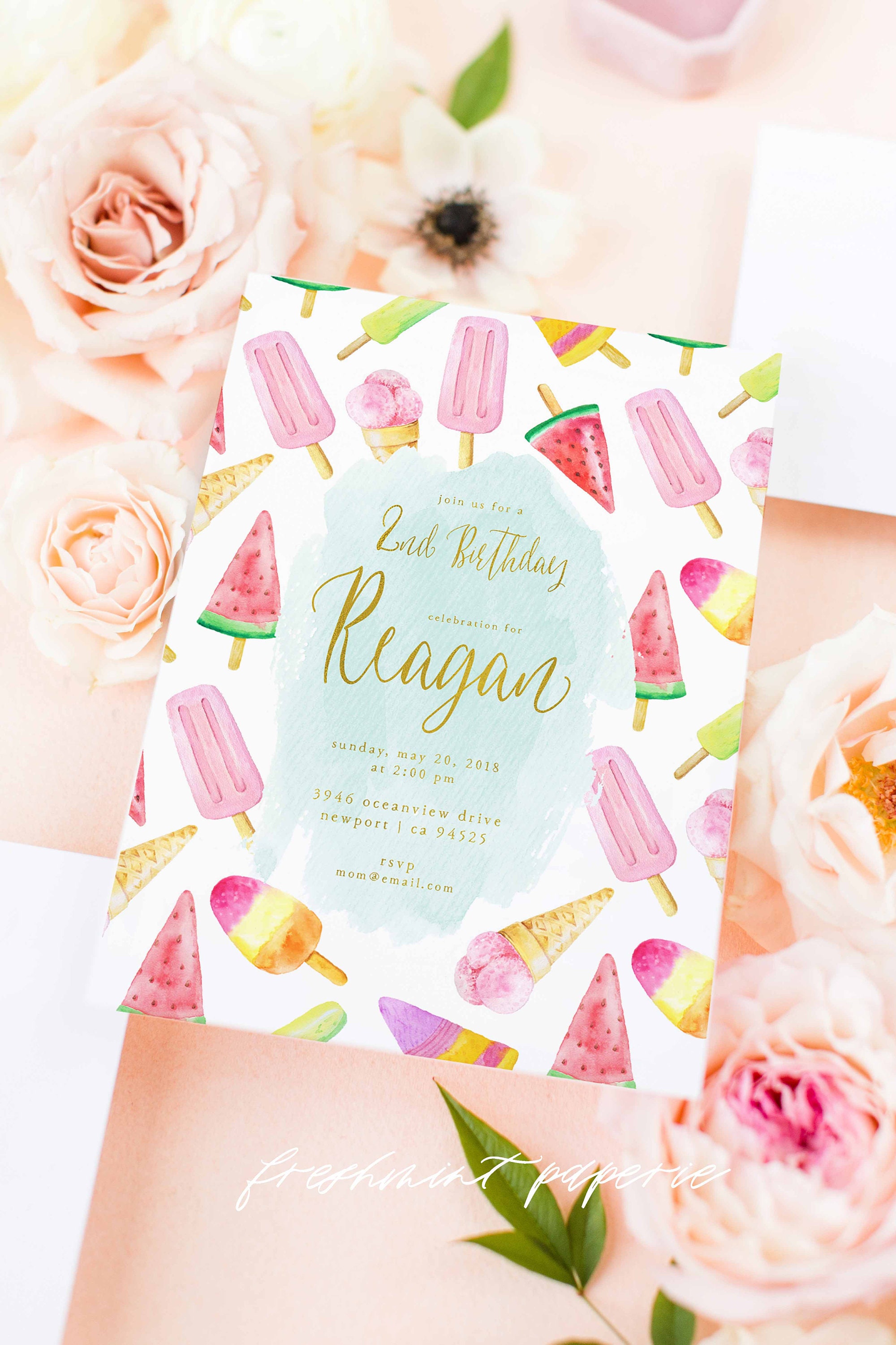 Watermelon Invitation - Birthday Invitation Ice Cream Sweet Celebration Party Candy Land