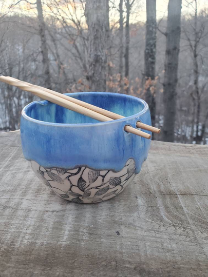 Handmade Noodle Bowl W Chopsticks, Patterned, Drippy Glaze, Rice Stir Fry Bowl, Appx 2 Cups, Free Shipping