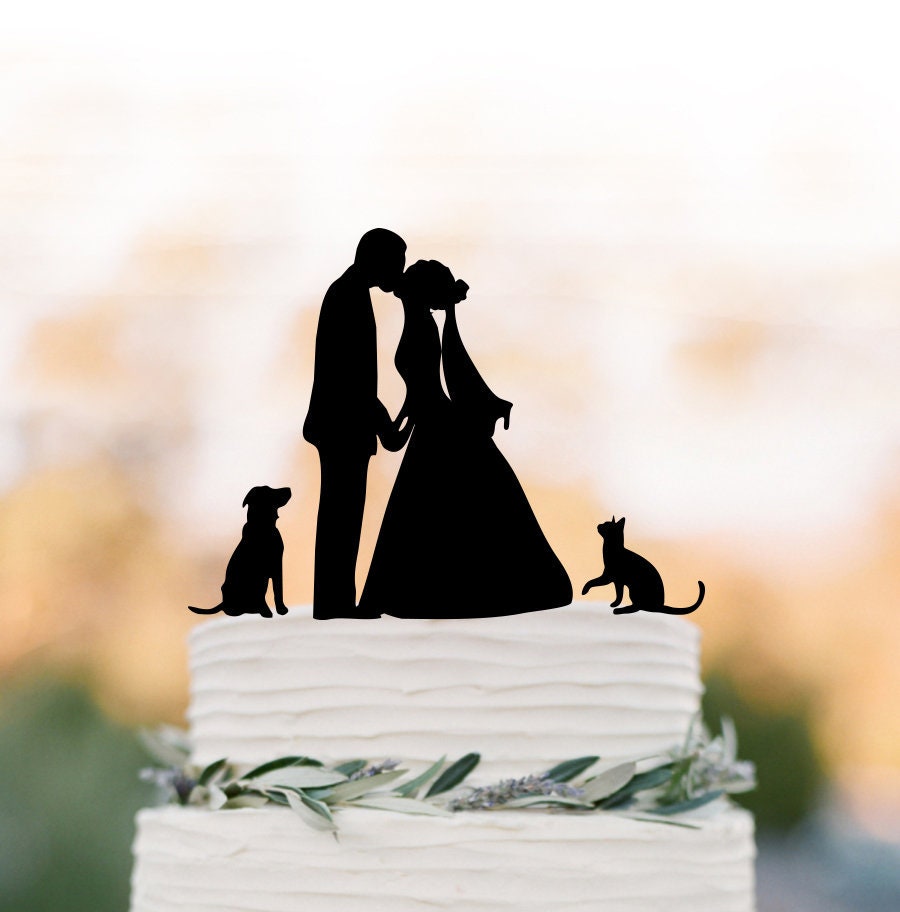Bride & Groom Kissing Wedding Cake Topper Dog Cat, Couple Silhouette, Cake Acrylic Cat