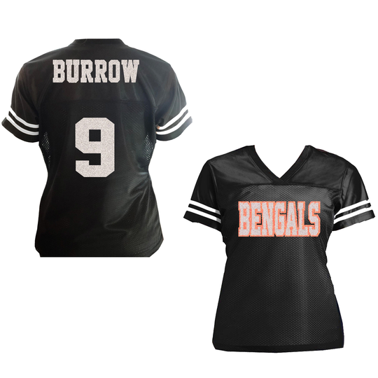 Bengals Joe Burrow Glitter Jersey For Women, Cincinnati, Black, White Sparkle Football Shirt