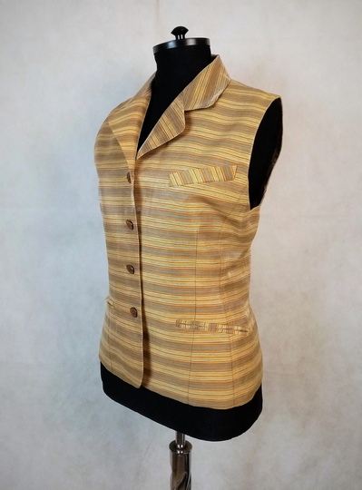 Vintage Linen Blend Womens Waistcoat, The Barn Yellow/Gray Striped Sleeveless Gilet, Size 38