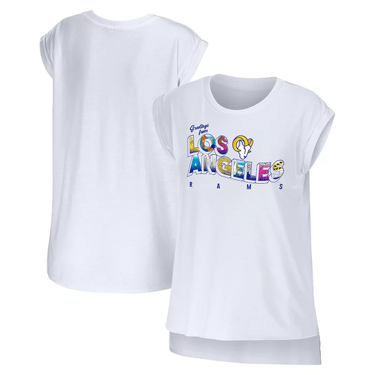 Women's WEAR by Erin Andrews White Los Angeles Rams Greetings From Muscle T-Shirt, Size: Large