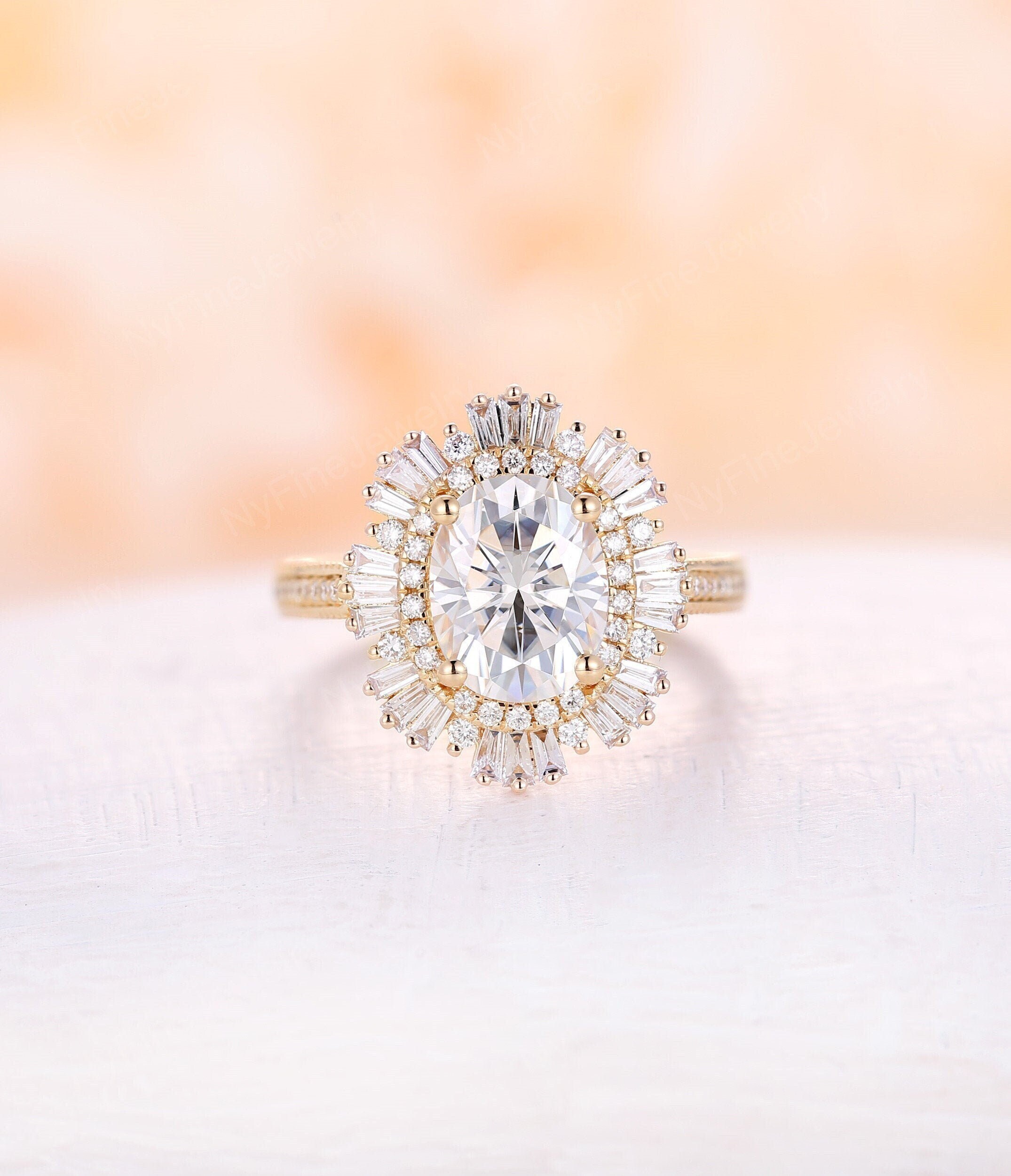 Moissanite Engagement Ring, Vintage 14/18K Solid Rose Gold, Cz/Diamond Art Deco Oval Diamond Ring