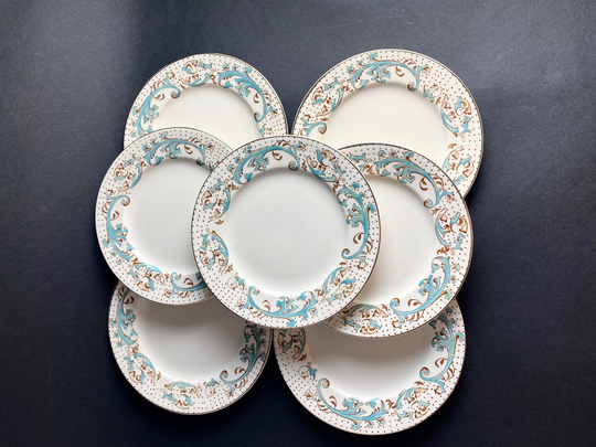 Meakin Brierley Set Of 7 Bread Plates Aqua Scrolls Brown Dots Gold Trim Late 1800's Antique Rare & Painted Alfred English Fine China