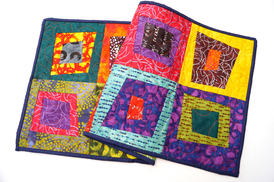 Quilted Table Runner in Colorful Abstract Log Cabin Pattern, Richly Colored Fabric Patchwork Decor