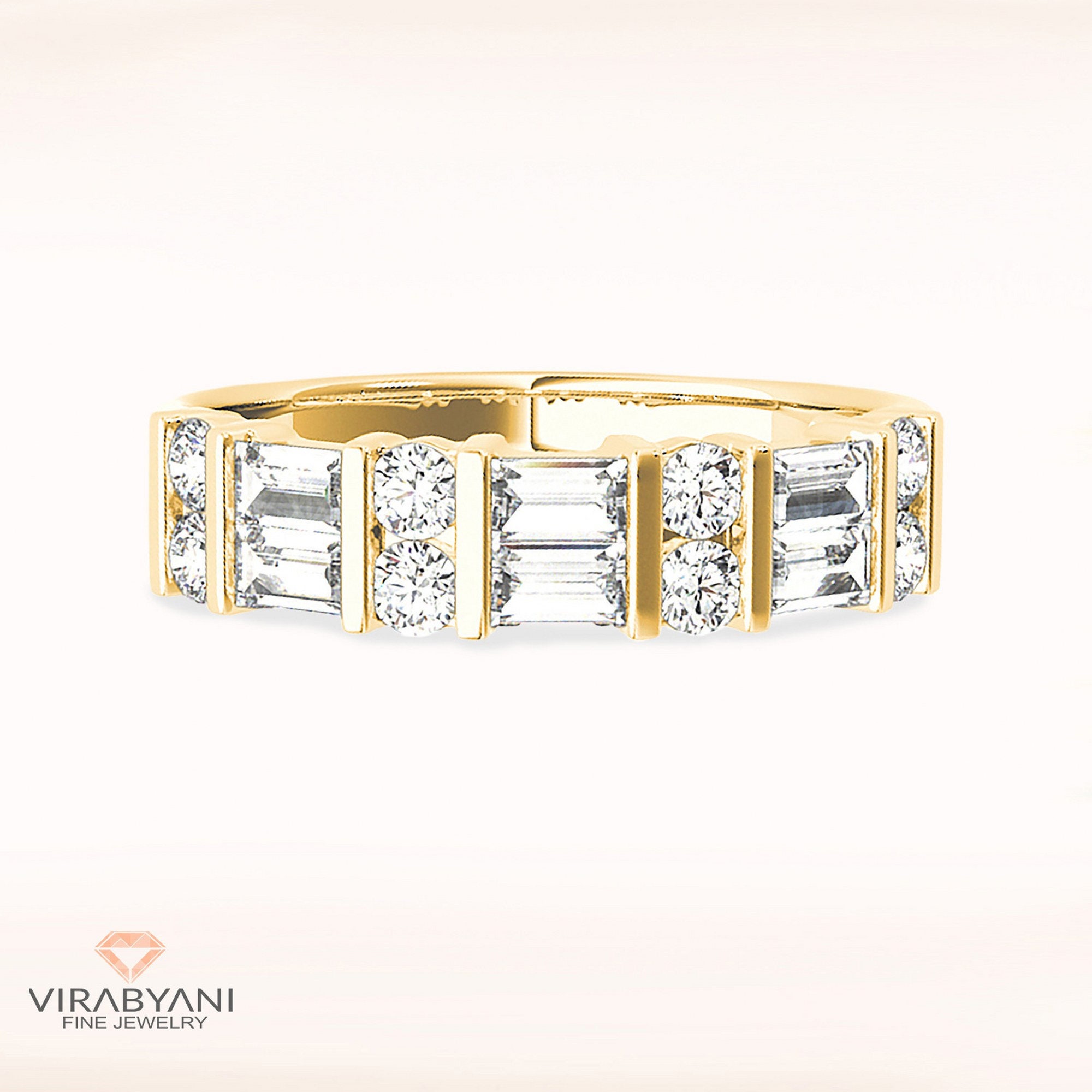 0.90 Ctw Baguette & Round Cut Diamond Wedding Band - 14K/18K Solid Yellow Gold | Double Row Anniversary Ring Modern Design