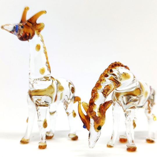 2 Giraffes Miniature Figurines Animals Hand Blown Glass Art Collectible Gift Decorate | Clear Amber