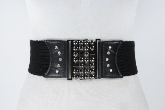 1980S Plain Black Stretch Belt For Women With Ornamental Buckle