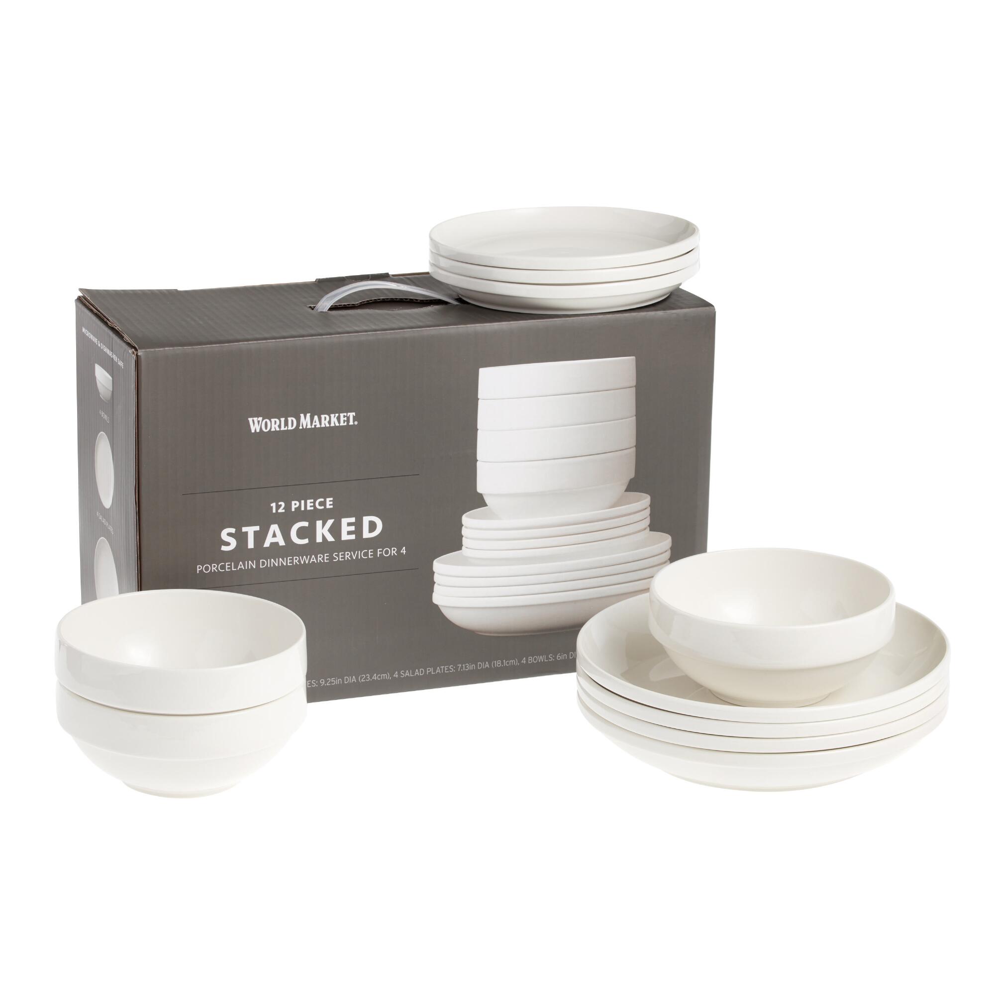 Ceramic Stacked 12 Piece Dinnerware Set: White - Stoneware by World Market