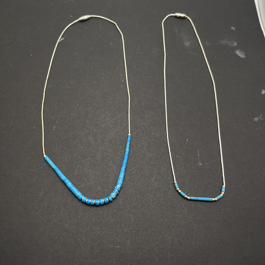 Set Of 2 Liquid Silver Beaded Necklaces With Turquoise Beads, Both 16 Inches Long