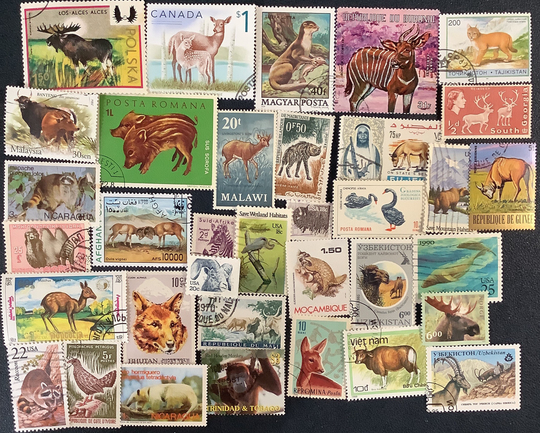 35 Wild Animals Vintage Postage Stamps Rams Deer Monkey Raccoons Antelope Crafts Collage Art Journals Scrapbooks Philately 46A