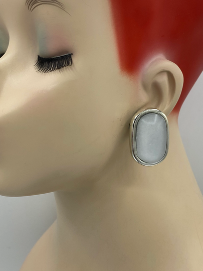 Vtg Oversized Large Rectangle Modernist Silver Plate Frosted Lucite Cabochon Clip Earrings Ac29