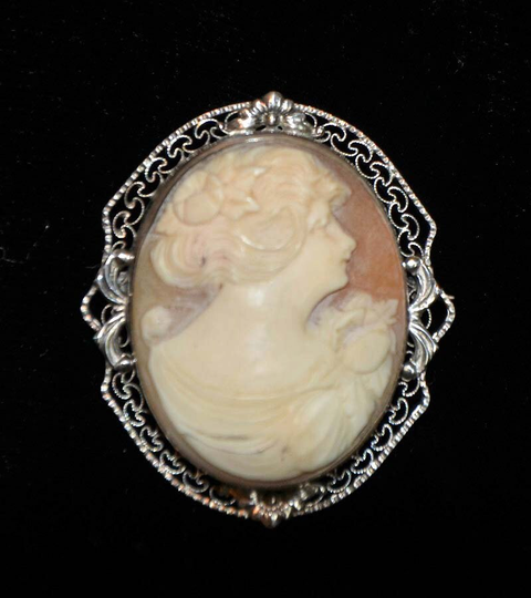 Antique Sterling Silver Filigree Carved Cameo Brooch, Vintage Cottagecore Grandmillennial Wedding Bridal Pin