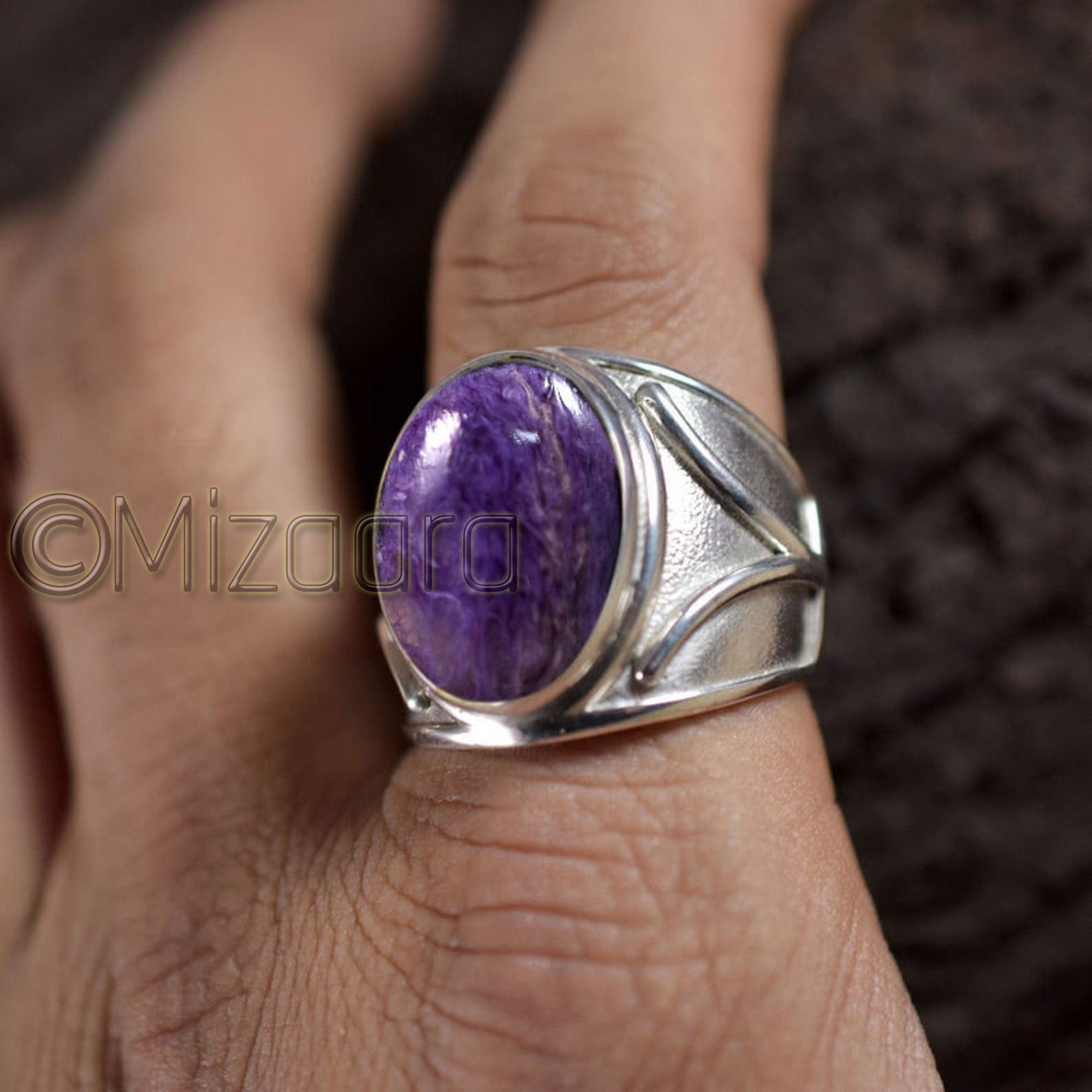 Charoite Gemstone Silver Ring 925 Sterling Organic Handmade Men's Healing Power Birthday Gift Boys