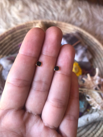 Tiny Square Black Enamel Stud Earrings, 18Kt Gold Vermeil, .925 Sterling Silver, Dainty Small Classy Minimalist Jewelry