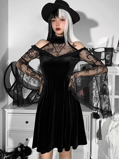 Women's Long Lace Flare Sleeve & Off Shoulder Halter Designed, Ruffle Black Velvet Dress/Gothicwear Vintage Harajuku Dark Academia