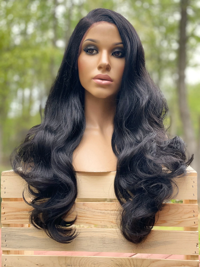 Human Hair Blend Wig, 1B Off Black 4x4 Free Parting Lace Front Long Loose Curls Layered 20"