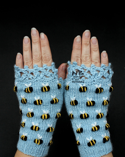 Light Blue Hand Knitted Fingerless Gloves With Bees, Gift For Woman, Handmade Lace Gloves, Ideas, Her, Anniversary