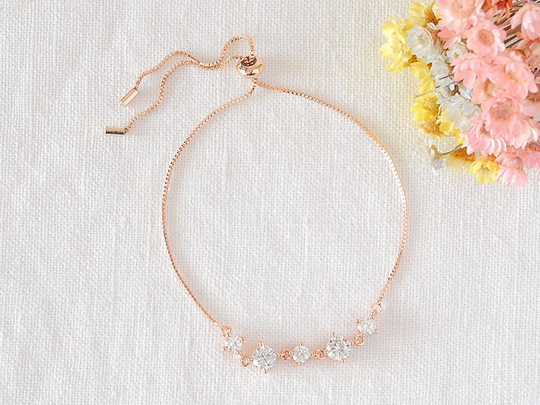 Silver, Rose Gold, Bridesmaid Bracelet, Crystal Bridal Wedding Simple Adjustable Jewelry, Betty