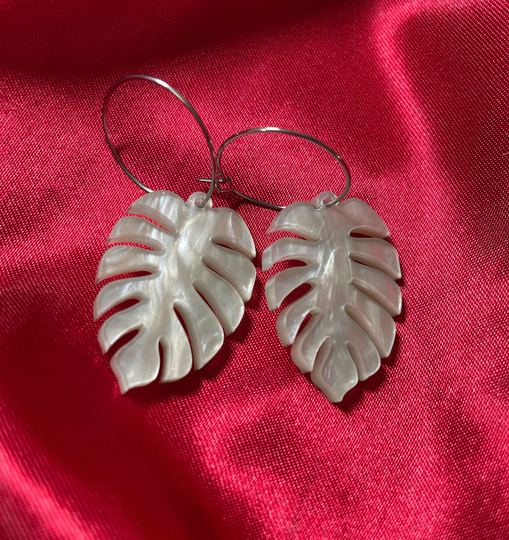 Mint Marble Acrylic Monstera Leaf Hoop Earrings