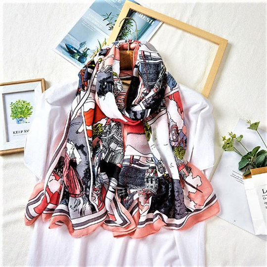 Soft Pink Scene - Cotton Polyester Blend Large Scarf Equastrian Extra Long Wrap Large Shawl Elegant