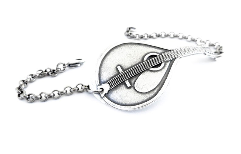 Mandolin Bracelet, Music Sterling Silver Ox Finish Or Antiqued Brass Finish, Musical Instruments