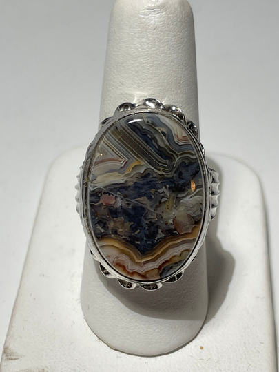 Huge 24mm X 17mm Crazy Lace Agate Sterling Silver Vintage Ring Fancy Bezel Setting Size 8