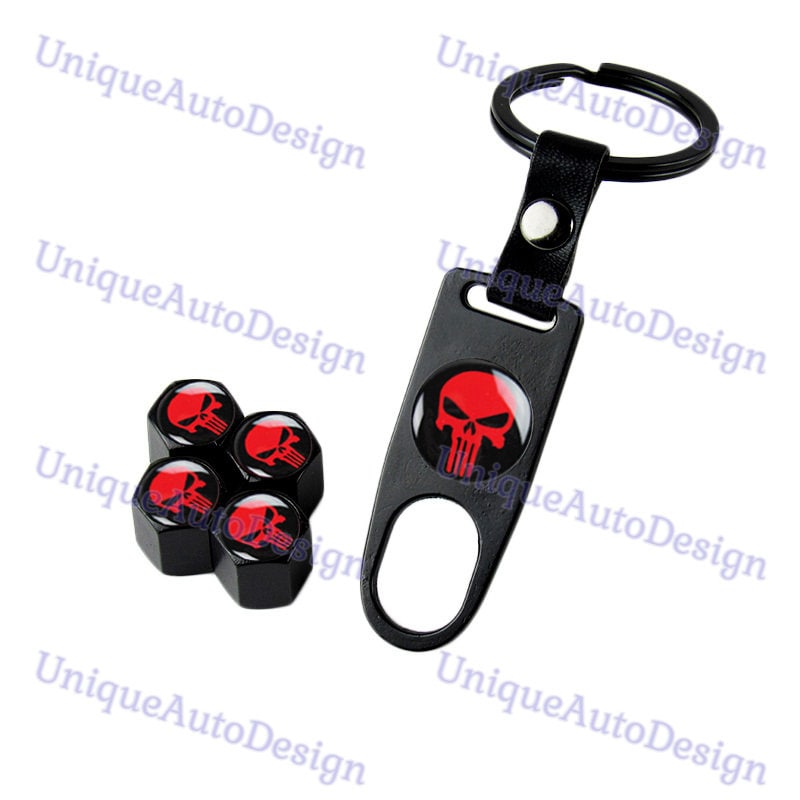 New Red Punisher Skull Car Wheel Tire Valves Dust Stem Air Caps Keychain Emblem Set For Dodge Ram Toyota Trd