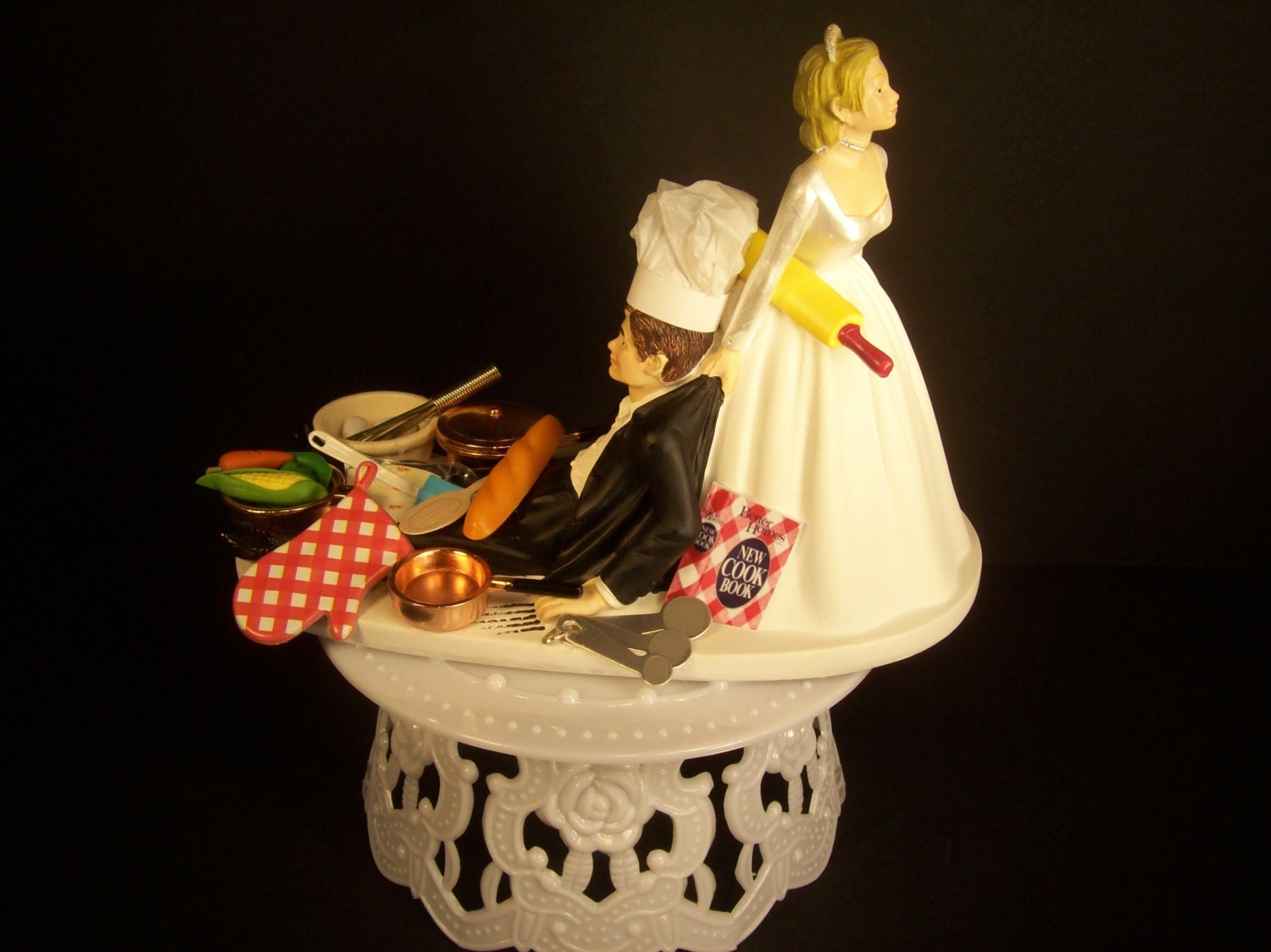 No Cooking Chef Copper Pans Cook Book Bride & Groom Wedding Cake Topper Funny