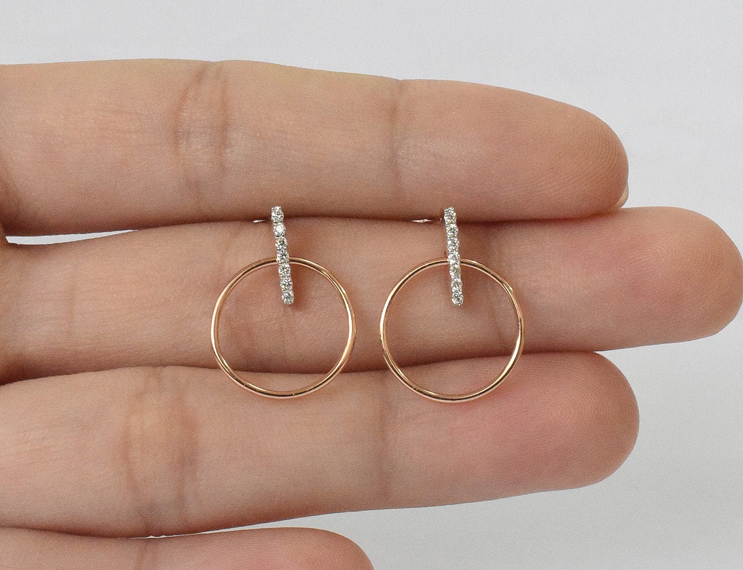Unique Diamond Earrings/10K 14K 18K Gold Bar Circle Post