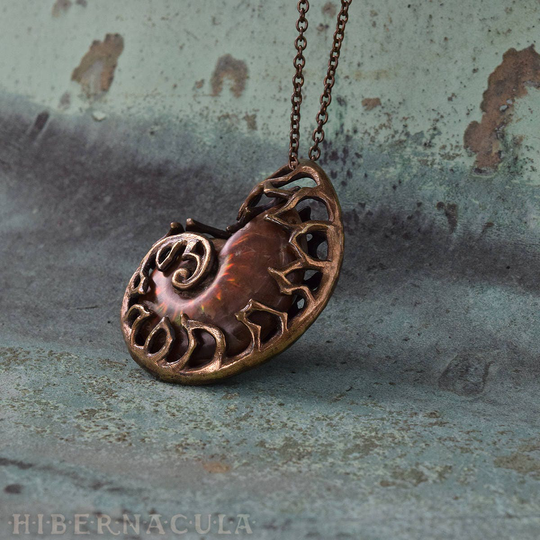 Ammonite Reliquary - Fossil Red Opal in Bronze Or Silver