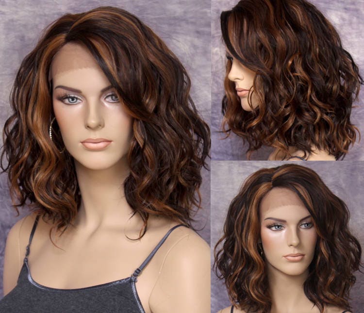 Natural Human Hair Blend Full Lace Front Wig With Side Lace Parting Beautiful Beachy Wavy Soft Texture Brown Auburn Mix in Color