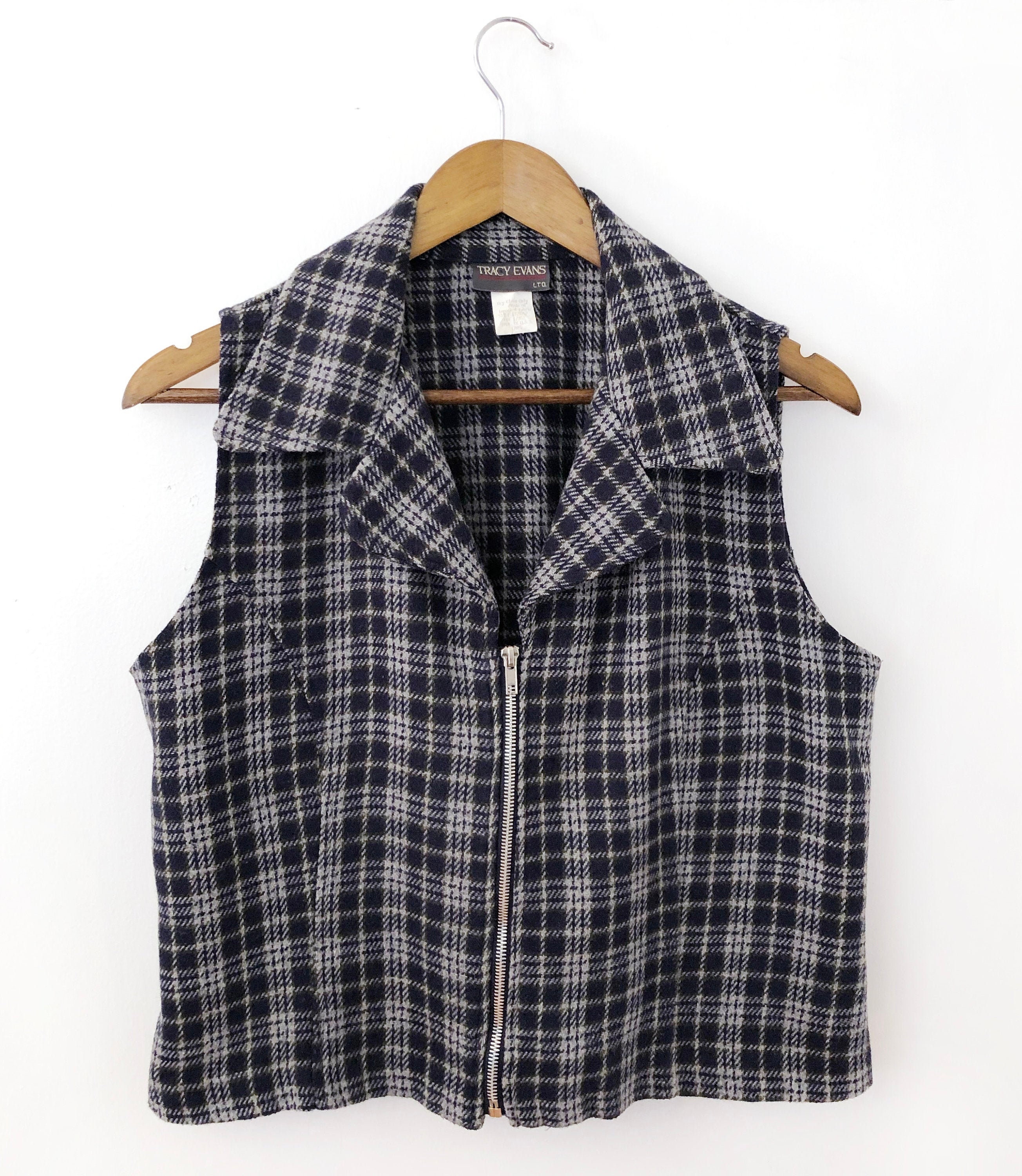 Fun Flirty Super Soft Women's Wool Blend Vintage 80's 90's Navy Blue Olive Green Gray Plaid Checkered Zip Up Sleeveless Collared Vest Large