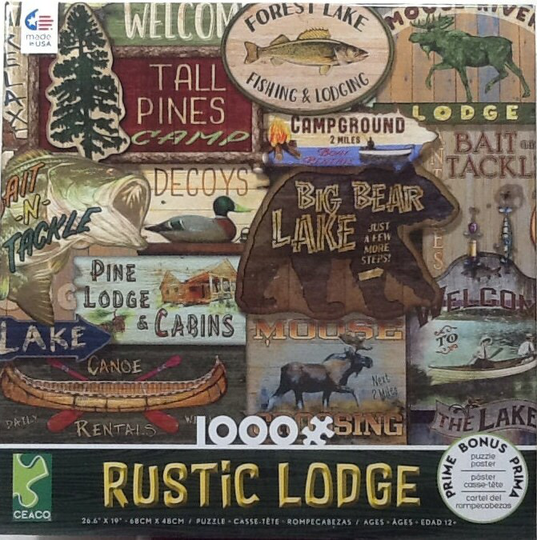 Rustic Lodge Signs Forest Lake Fishing Moose River Tall Pines Camp Big Bear Joe Low 1000 Pc Jigsaw Puzzle 26.6" X 19" Ceaco #3161-3