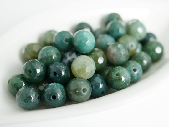Faceted 8mm Gemstone Bead Green Moss Agate Round | 10 Beads X434